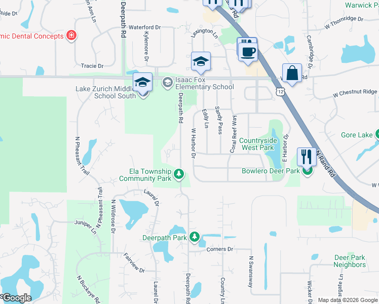 map of restaurants, bars, coffee shops, grocery stores, and more near 144 West Harbor Drive in Lake Zurich