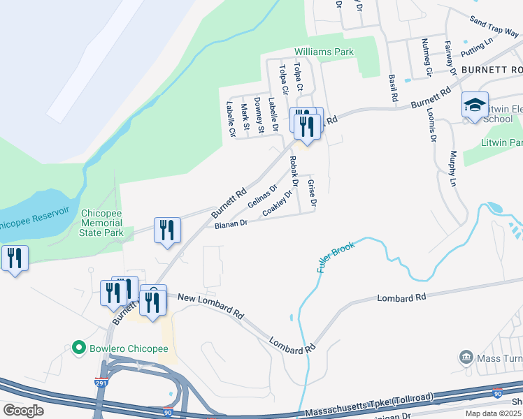 map of restaurants, bars, coffee shops, grocery stores, and more near 14 Coakley Drive in Chicopee