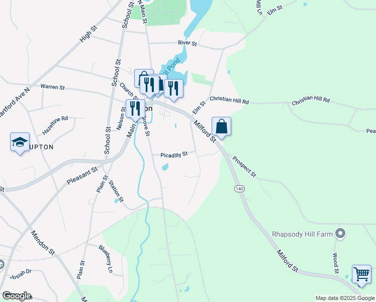 map of restaurants, bars, coffee shops, grocery stores, and more near 14 Picadilly Street in Upton