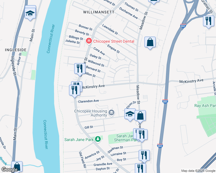 map of restaurants, bars, coffee shops, grocery stores, and more near 115 McKinstry Avenue in Chicopee