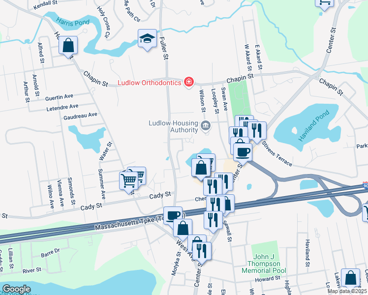 map of restaurants, bars, coffee shops, grocery stores, and more near 507 Blisswood Village Drive in Ludlow