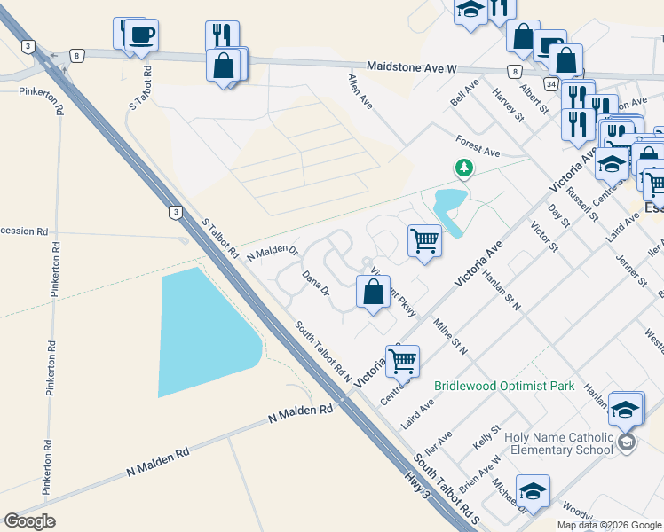 map of restaurants, bars, coffee shops, grocery stores, and more near 193 Steven Court in Essex
