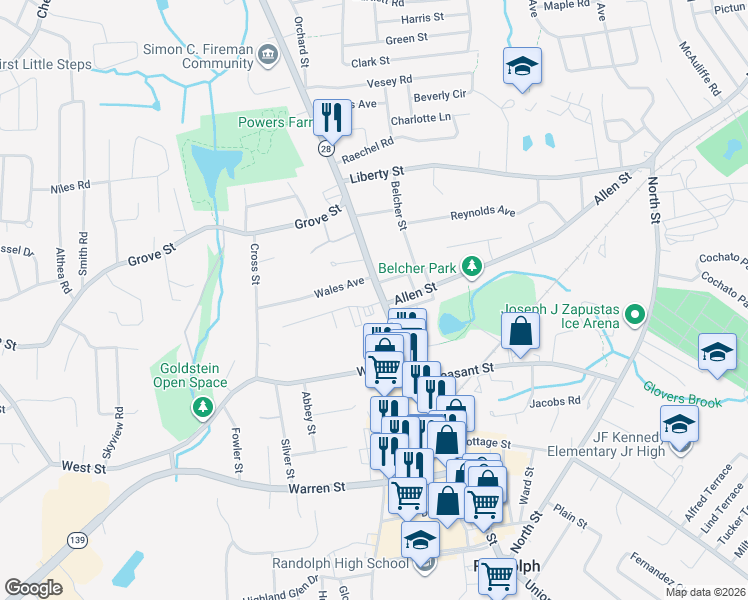 map of restaurants, bars, coffee shops, grocery stores, and more near 410 North Main Street in Randolph