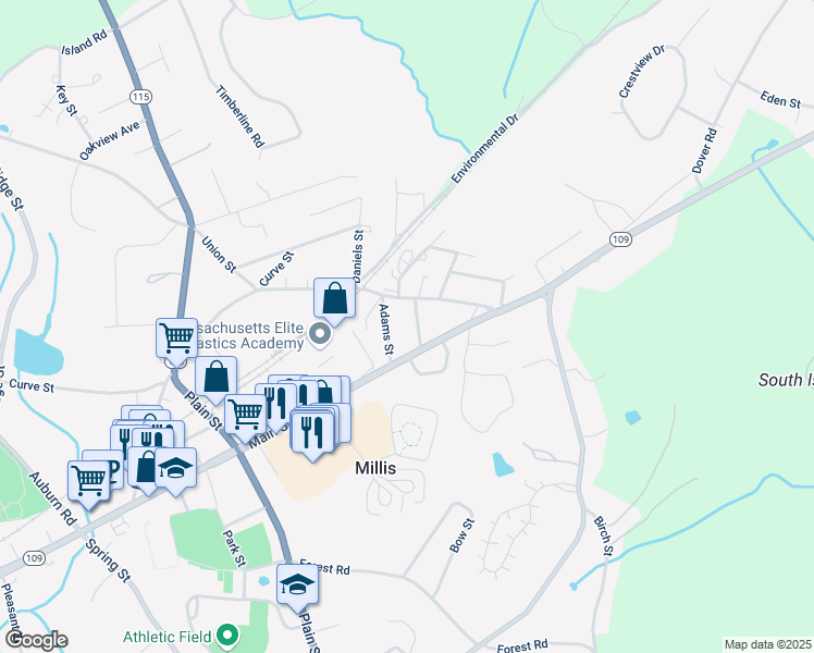 map of restaurants, bars, coffee shops, grocery stores, and more near 22 Parnell Street in Millis