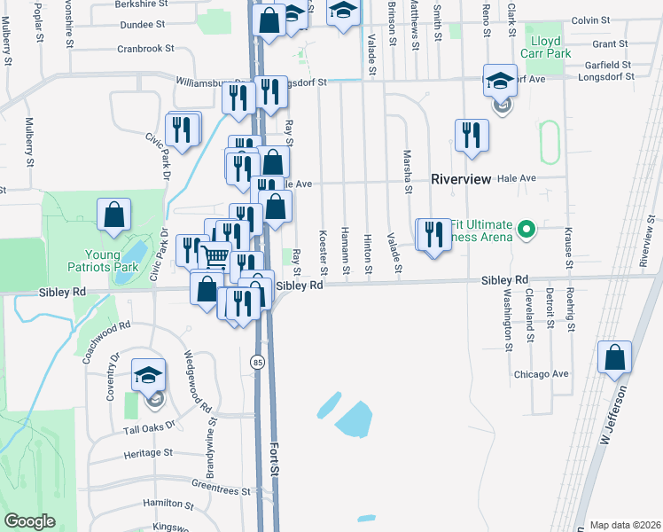 map of restaurants, bars, coffee shops, grocery stores, and more near 18771 Koester Street in Riverview