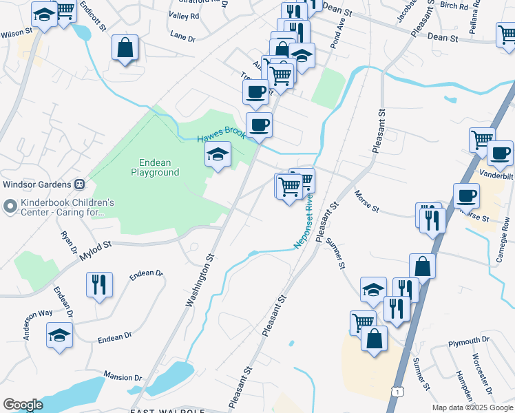 map of restaurants, bars, coffee shops, grocery stores, and more near 30 Highview Street in Norwood
