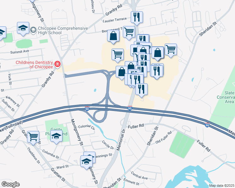 map of restaurants, bars, coffee shops, grocery stores, and more near 470 Memorial Drive in Chicopee