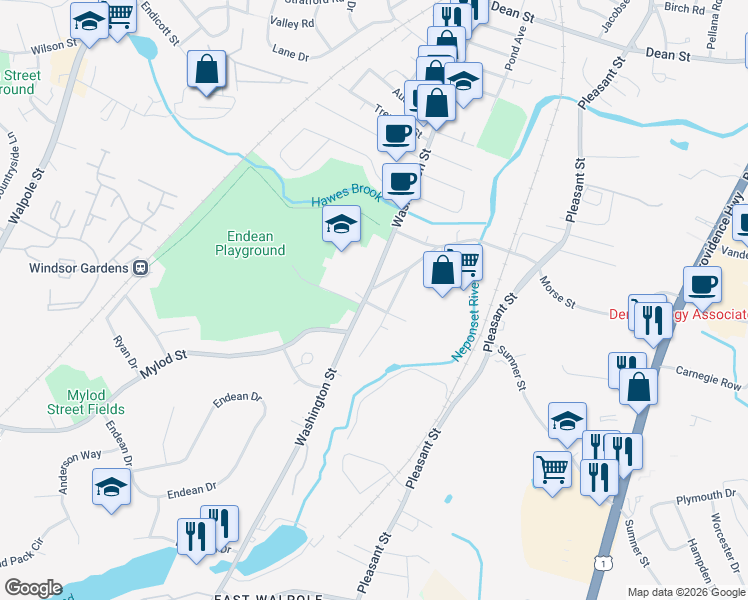 map of restaurants, bars, coffee shops, grocery stores, and more near 1296 Washington Street in Norwood