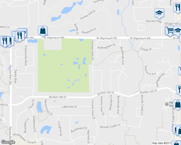 map of restaurants, bars, coffee shops, grocery stores, and more near 300 Fairway View Drive in Algonquin
