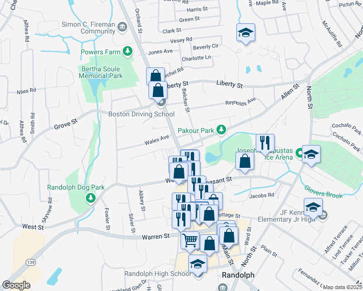 map of restaurants, bars, coffee shops, grocery stores, and more near in Randolph