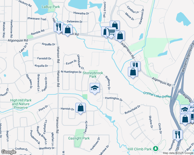 map of restaurants, bars, coffee shops, grocery stores, and more near 240 Country Lane in Algonquin