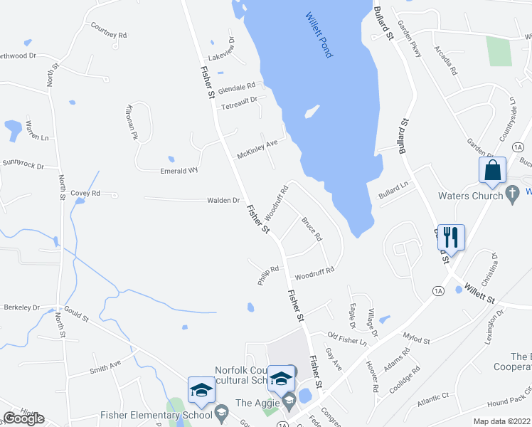 map of restaurants, bars, coffee shops, grocery stores, and more near 55 Woodruff Road in Walpole