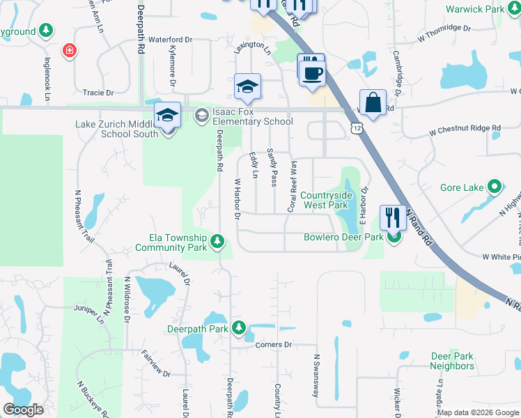 map of restaurants, bars, coffee shops, grocery stores, and more near 545 Cypress Bridge Road in Lake Zurich
