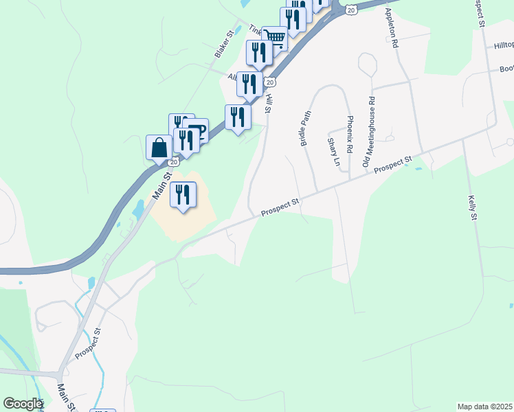 map of restaurants, bars, coffee shops, grocery stores, and more near 71 Hill Street in Auburn