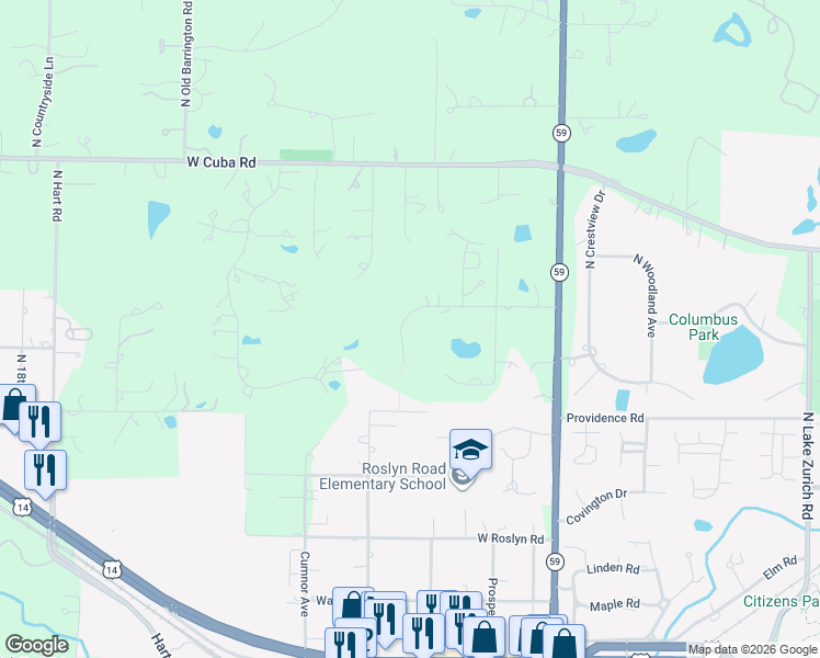 map of restaurants, bars, coffee shops, grocery stores, and more near 26021 West Sunset Road in Barrington