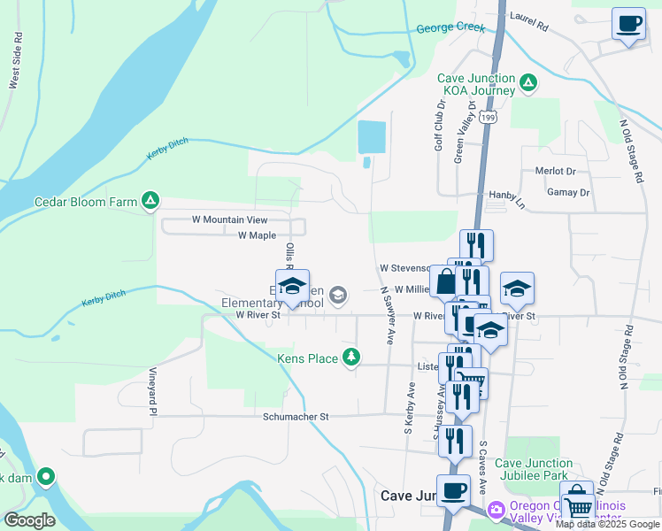 map of restaurants, bars, coffee shops, grocery stores, and more near 520 West River Street in Cave Junction