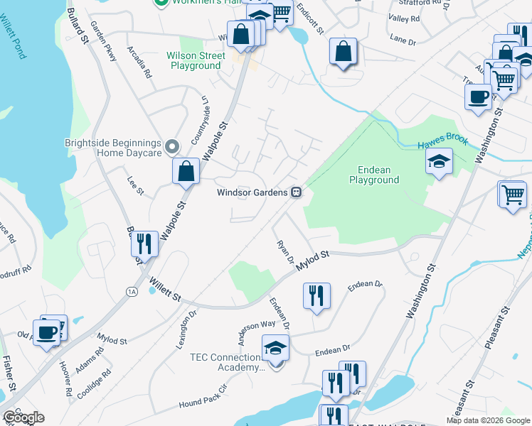 map of restaurants, bars, coffee shops, grocery stores, and more near 300 Buckminster Drive in Norwood