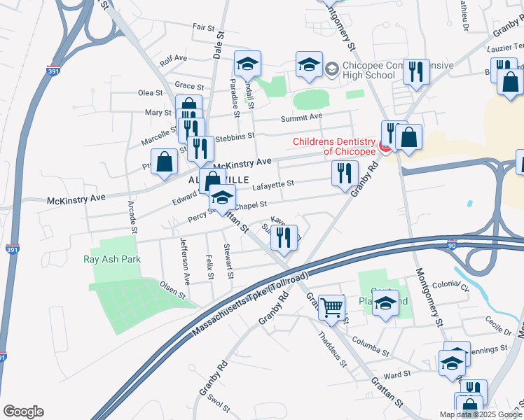 map of restaurants, bars, coffee shops, grocery stores, and more near 16 Kaveney Street in Chicopee