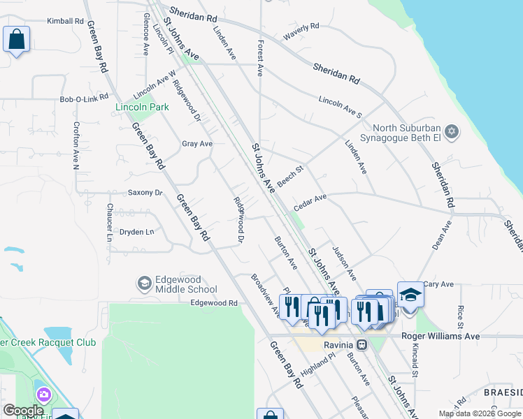 map of restaurants, bars, coffee shops, grocery stores, and more near 571 Ravinia Road in Highland Park