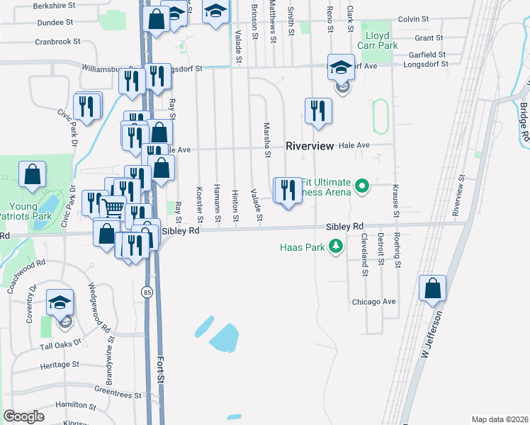 map of restaurants, bars, coffee shops, grocery stores, and more near 18766 Valade Street in Riverview