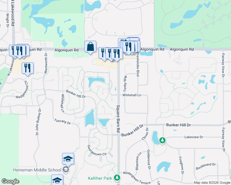 map of restaurants, bars, coffee shops, grocery stores, and more near 4001 Whitehall Lane in Algonquin