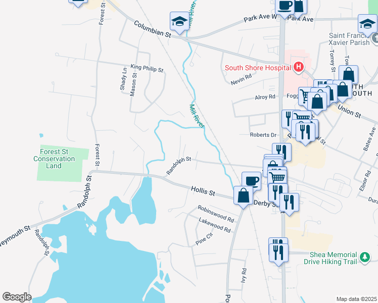 map of restaurants, bars, coffee shops, grocery stores, and more near 115 Randolph Street in Weymouth