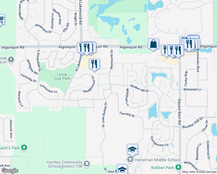 map of restaurants, bars, coffee shops, grocery stores, and more near 2 Marigold Lane in Algonquin