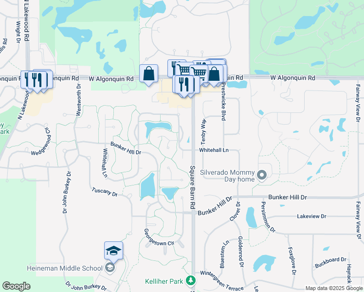 map of restaurants, bars, coffee shops, grocery stores, and more near 4031 Whitehall Lane in Algonquin