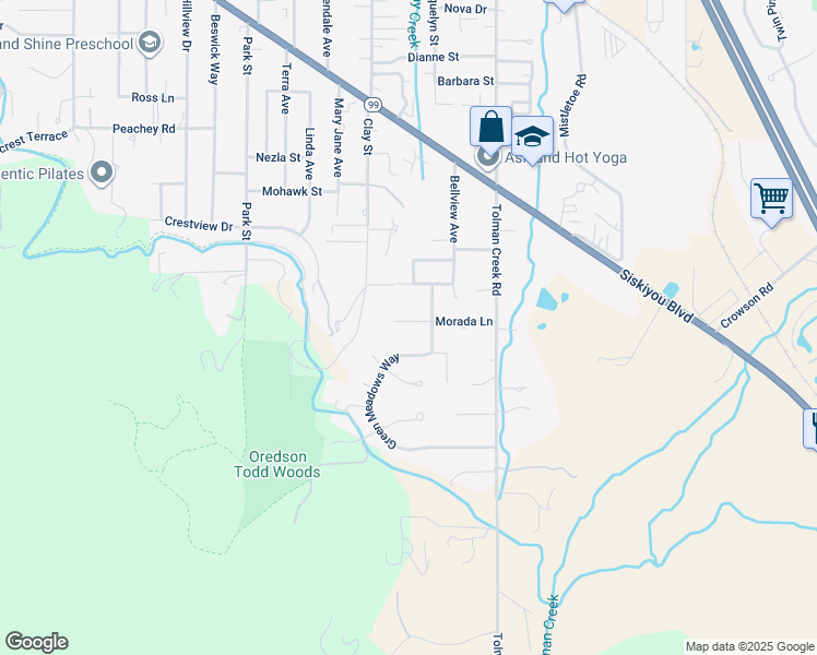 map of restaurants, bars, coffee shops, grocery stores, and more near 2300 Morada Lane in Ashland