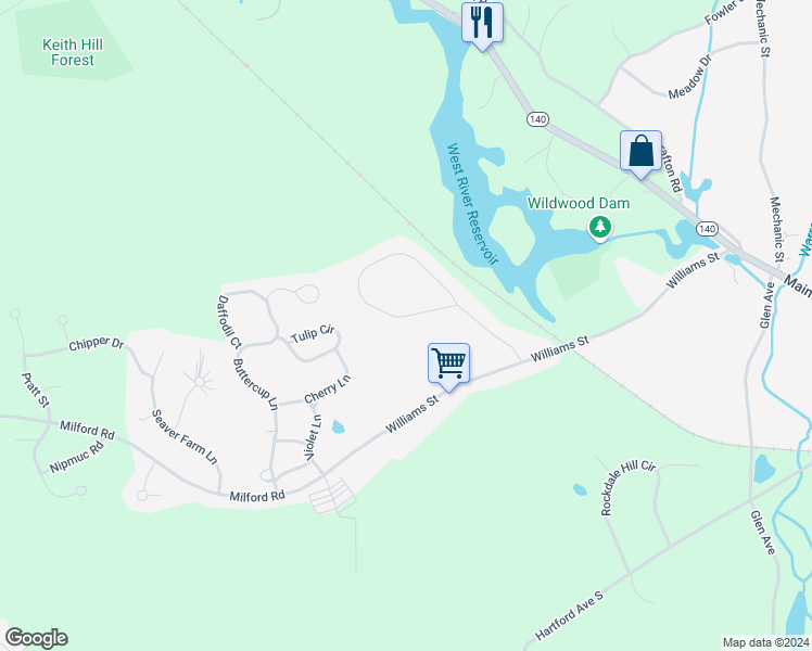 map of restaurants, bars, coffee shops, grocery stores, and more near 31 Dairy Drive in Upton
