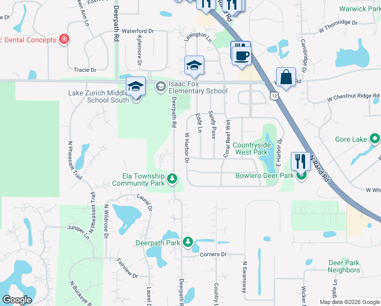 map of restaurants, bars, coffee shops, grocery stores, and more near 144 West Harbor Drive in Lake Zurich