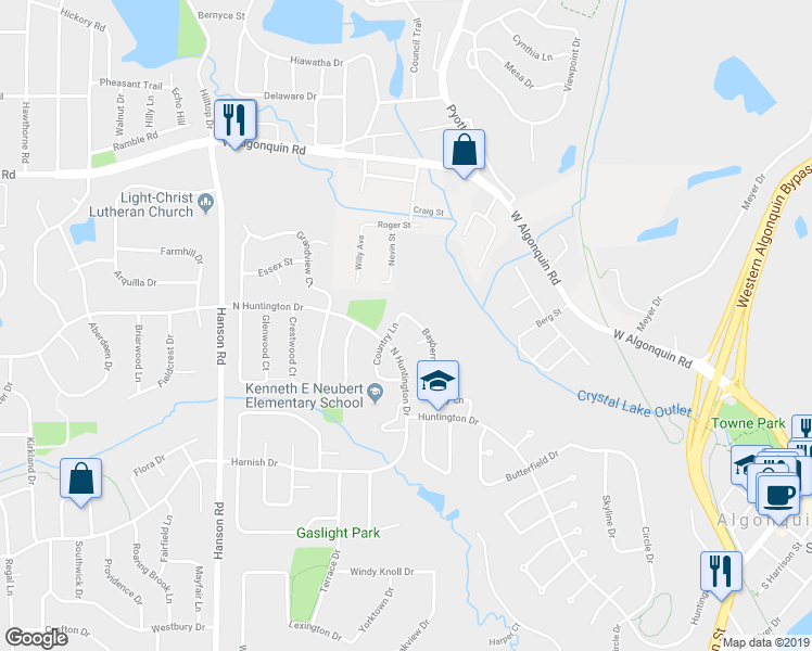 map of restaurants, bars, coffee shops, grocery stores, and more near 300 Bayberry Drive in Algonquin