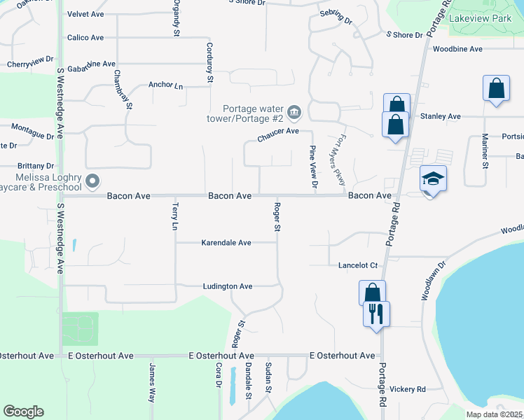 map of restaurants, bars, coffee shops, grocery stores, and more near 1026 Bacon Avenue in Portage