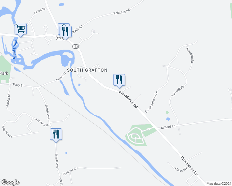 map of restaurants, bars, coffee shops, grocery stores, and more near 342 Providence Road in Grafton