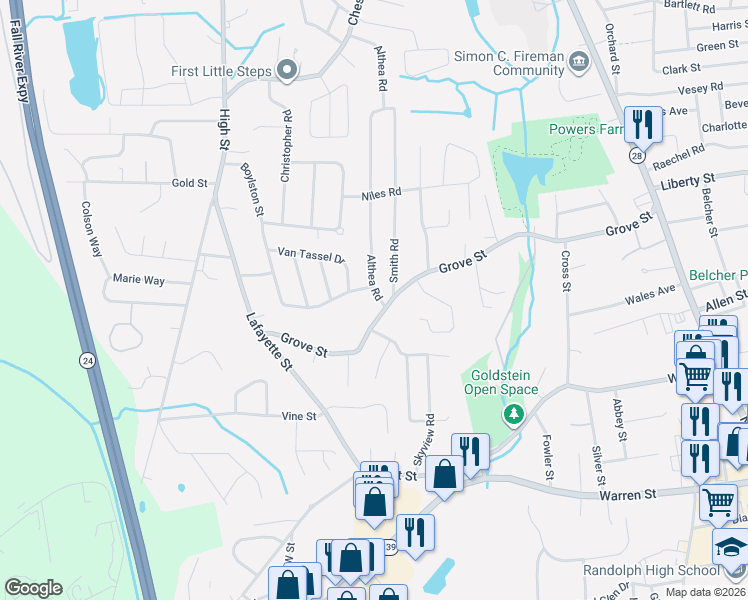 map of restaurants, bars, coffee shops, grocery stores, and more near 307 Grove Street in Randolph