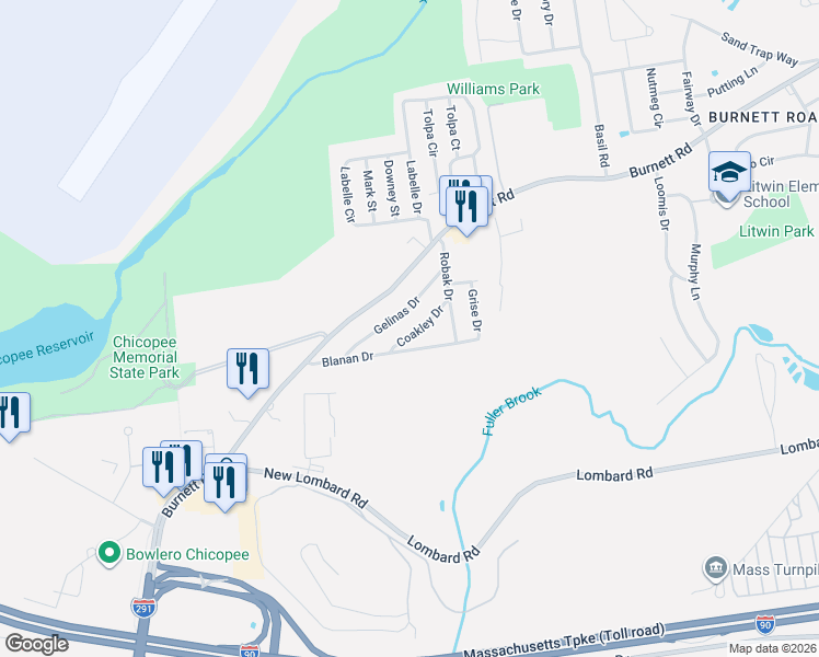 map of restaurants, bars, coffee shops, grocery stores, and more near 14 Coakley Drive in Chicopee