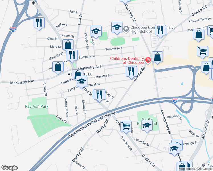 map of restaurants, bars, coffee shops, grocery stores, and more near 62 Kaveney Street in Chicopee