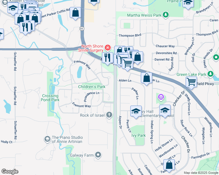 map of restaurants, bars, coffee shops, grocery stores, and more near 1050 Providence Court in Buffalo Grove