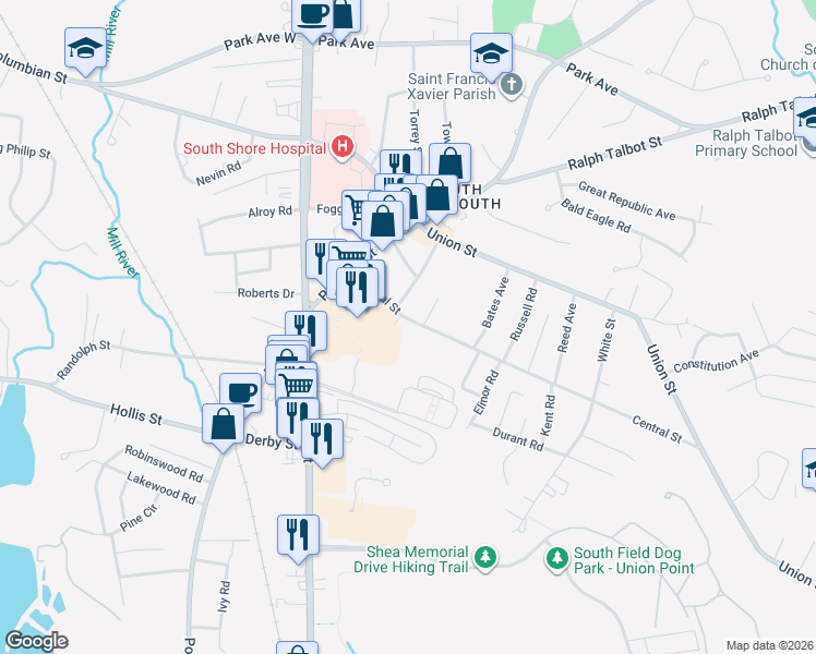 map of restaurants, bars, coffee shops, grocery stores, and more near 55 Central Street in Weymouth