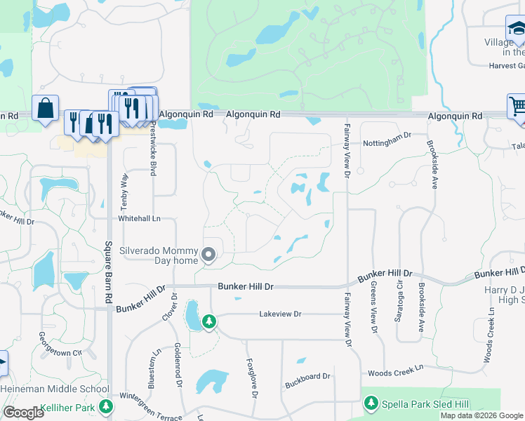 map of restaurants, bars, coffee shops, grocery stores, and more near 3610 Bunker Hill Drive in Algonquin