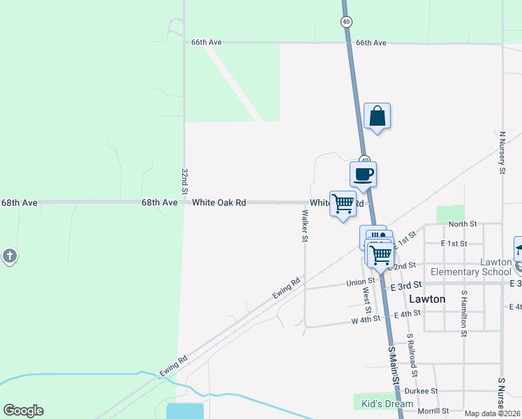 map of restaurants, bars, coffee shops, grocery stores, and more near 525 White Oak Road in Lawton