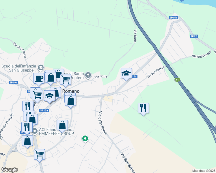 map of restaurants, bars, coffee shops, grocery stores, and more near 23 Via Enrico Fermi in Fiano Romano