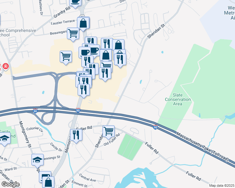 map of restaurants, bars, coffee shops, grocery stores, and more near Sheridan Street in Chicopee