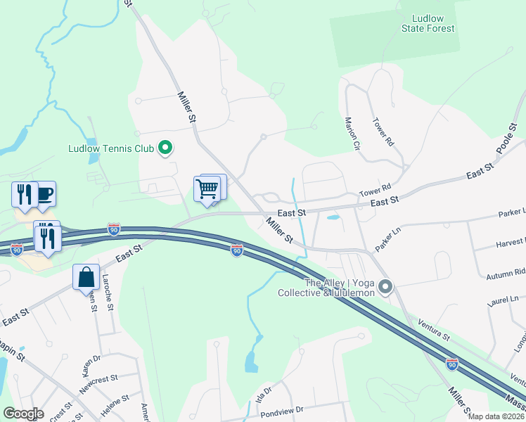 map of restaurants, bars, coffee shops, grocery stores, and more near 308 Miller Street in Ludlow