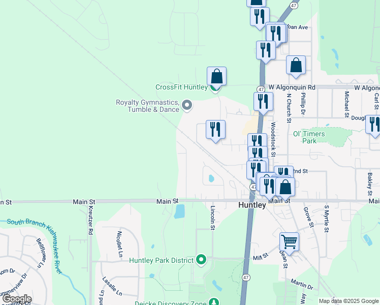 map of restaurants, bars, coffee shops, grocery stores, and more near 10820 Bonnie Brae Road in Huntley