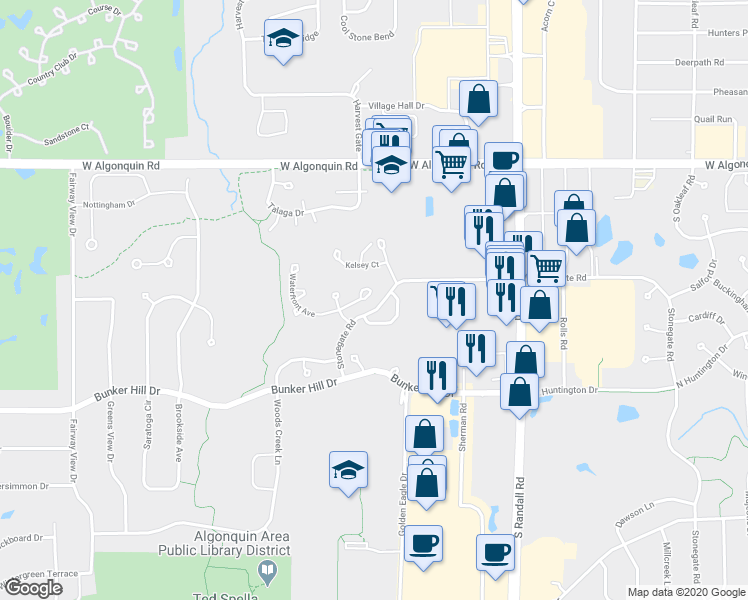 map of restaurants, bars, coffee shops, grocery stores, and more near 15 Waterfront Court in Algonquin