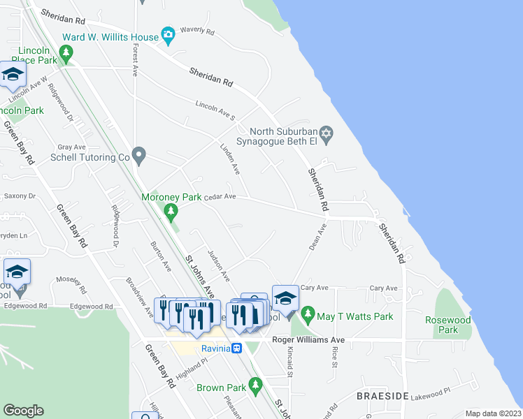 map of restaurants, bars, coffee shops, grocery stores, and more near 280 Cedar Avenue in Highland Park