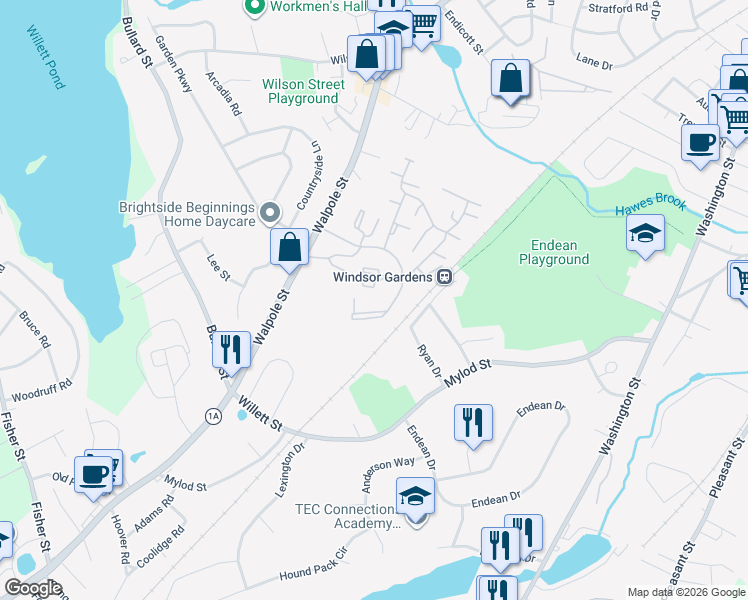 map of restaurants, bars, coffee shops, grocery stores, and more near 351 Buckminster Drive in Norwood