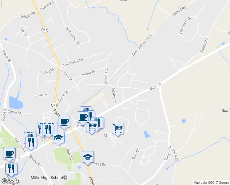 map of restaurants, bars, coffee shops, grocery stores, and more near 22 Parnell Street in Millis