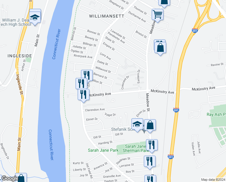 map of restaurants, bars, coffee shops, grocery stores, and more near 114 McKinstry Avenue in Chicopee